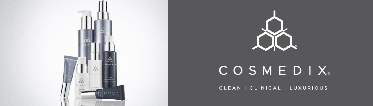 Cosmedix skincare bottles in silver and slate